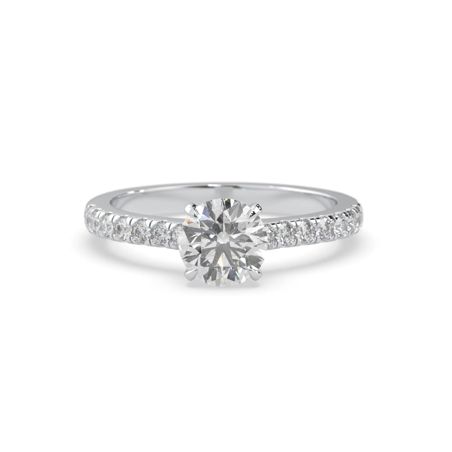 white gold Round cut lab grown diamond prong set engagement ring with pavé band and yellow metal tone design