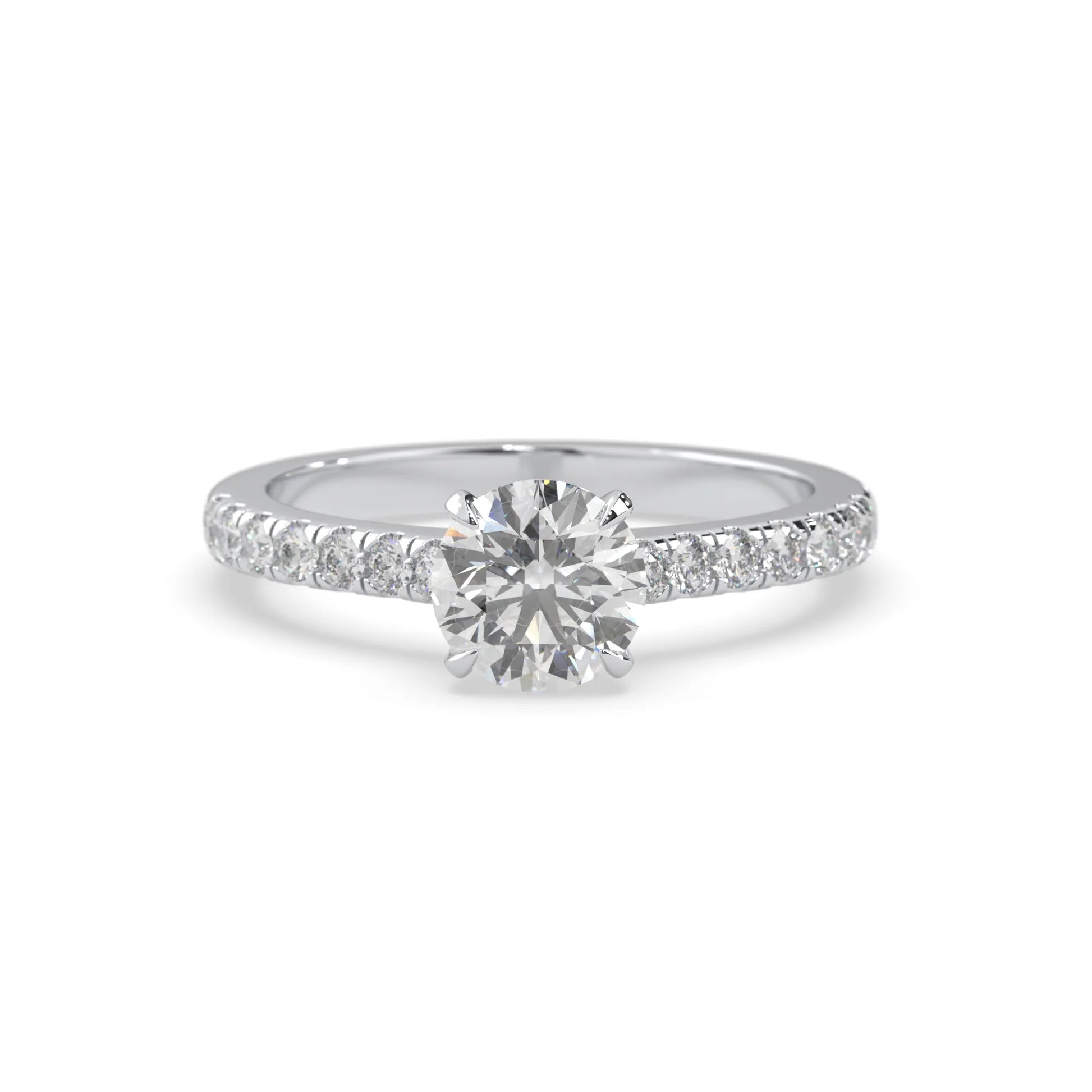 white gold Round cut lab grown diamond prong set engagement ring with pavé band and yellow metal tone design