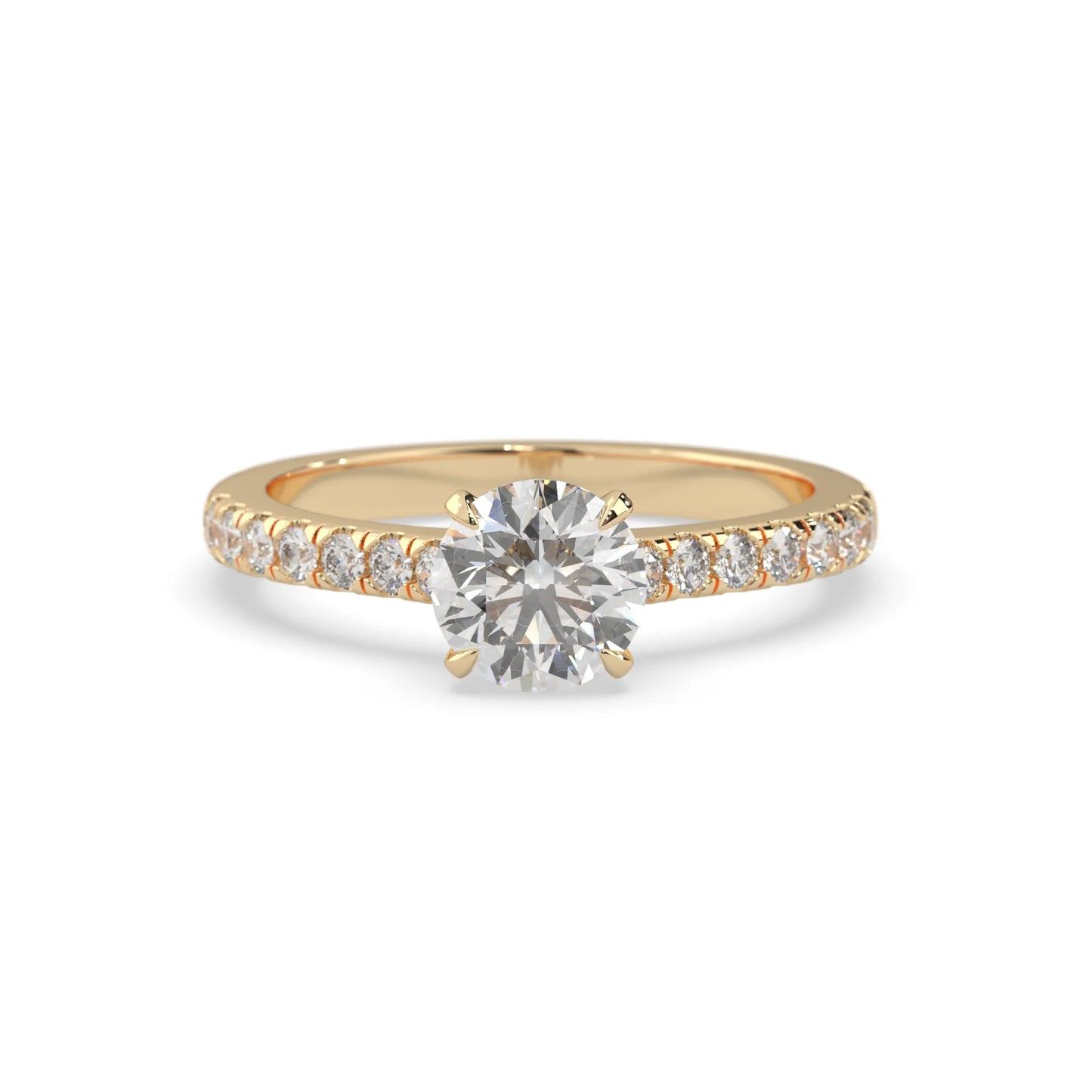 yellow gold Round cut lab grown diamond prong set engagement ring with pavé band and yellow metal tone design
