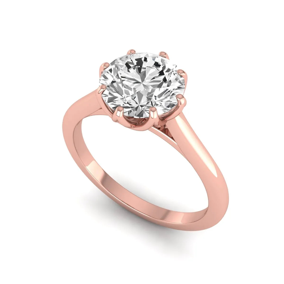 Round cut lab grown diamond solitaire engagement ring featuring a six-prong setting and polished rose gold tone band.