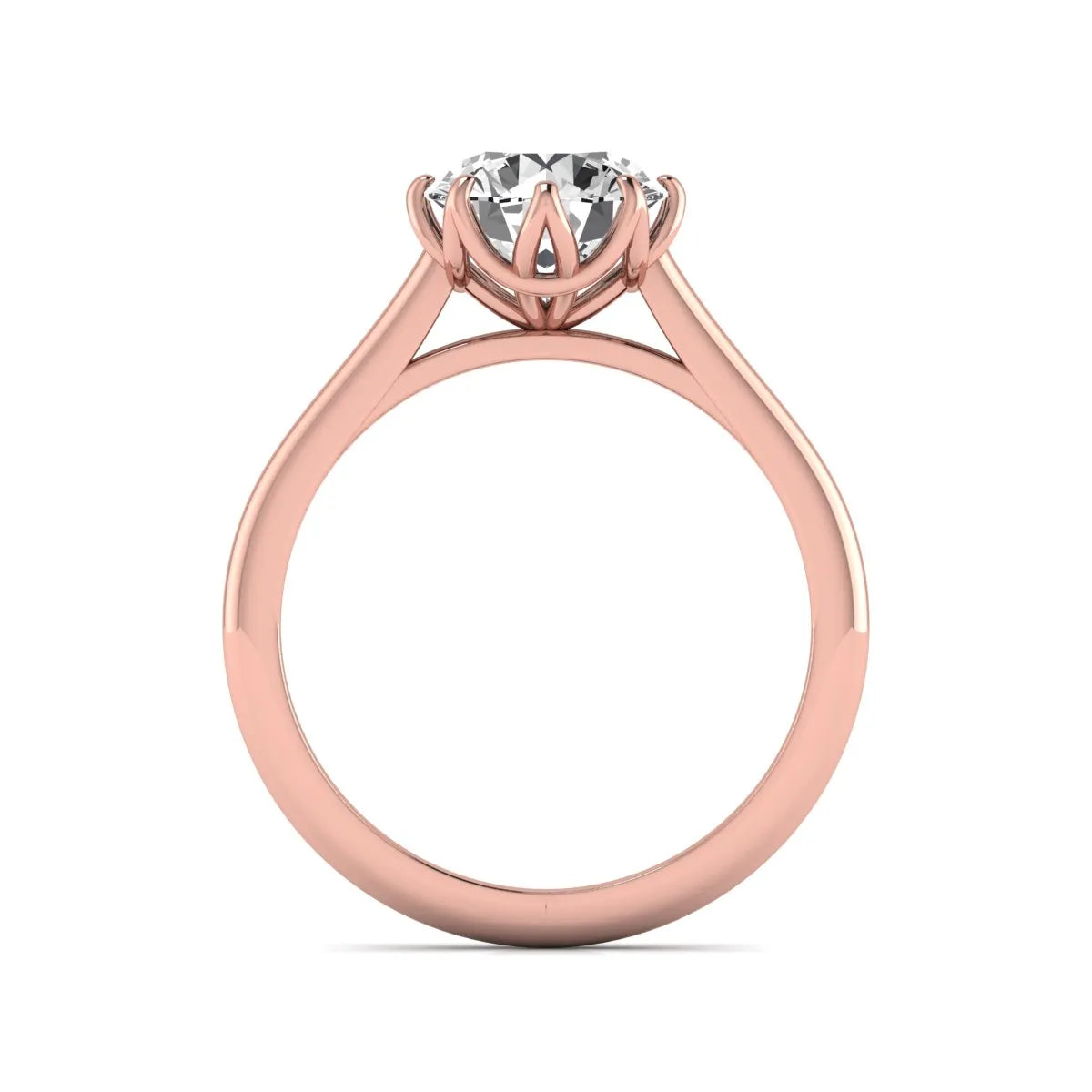 Round cut lab grown diamond solitaire engagement ring featuring a six-prong setting and polished rose gold tone band.