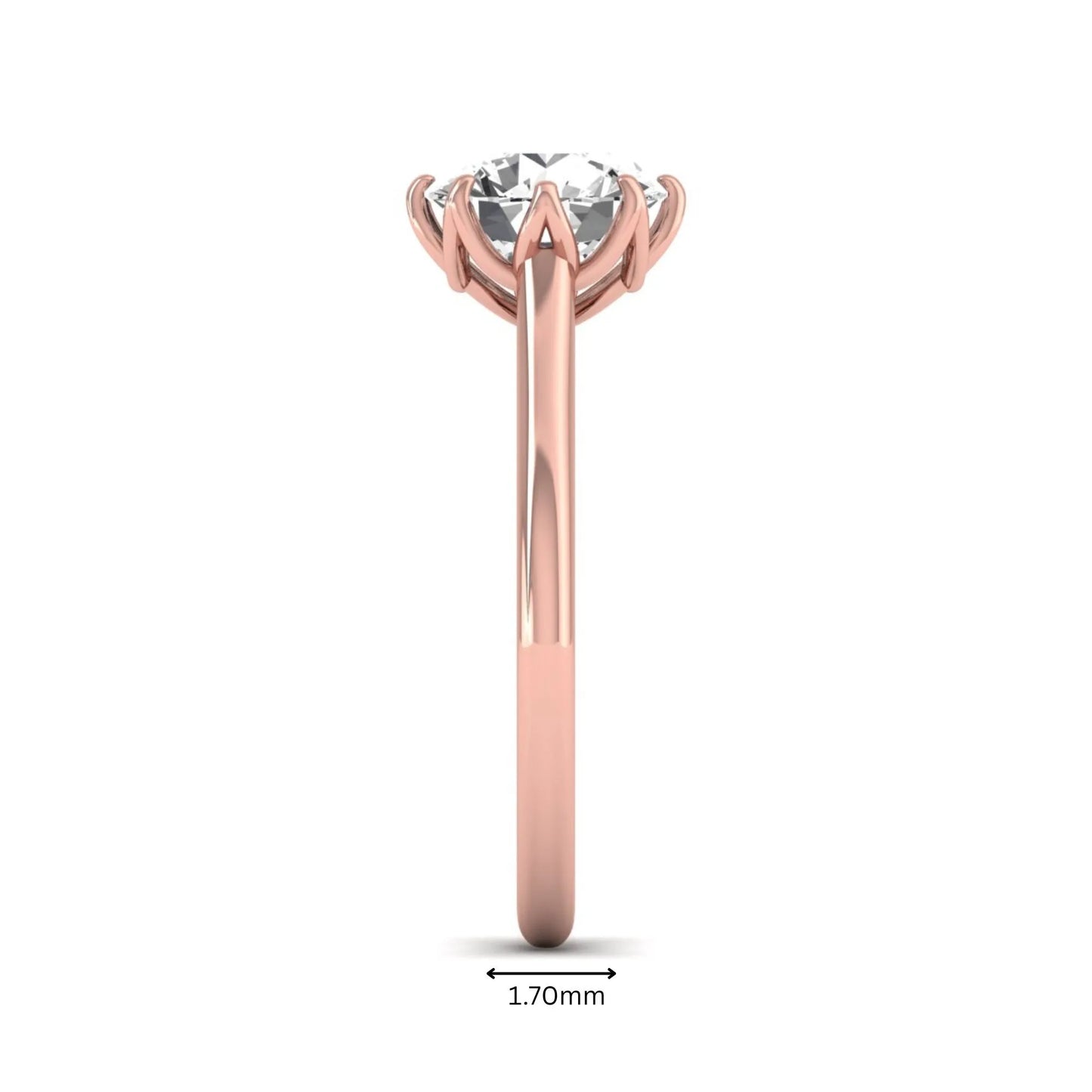 Round cut lab grown diamond solitaire engagement ring featuring a six-prong setting and polished rose gold tone band.