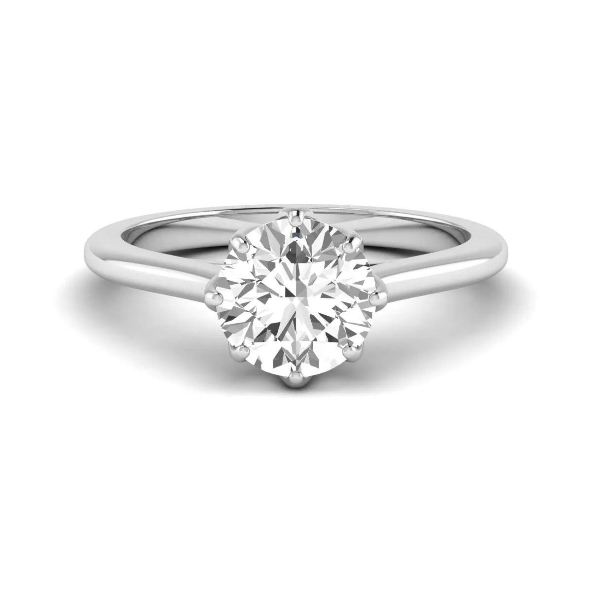 Round cut lab grown diamond solitaire engagement ring featuring a six-prong setting and polished white gold tone band.