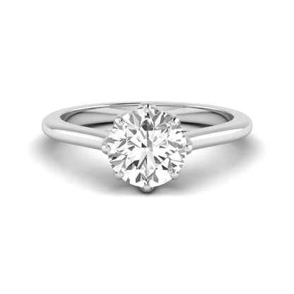 Round cut lab grown diamond solitaire engagement ring featuring a six-prong setting and polished white gold tone band.