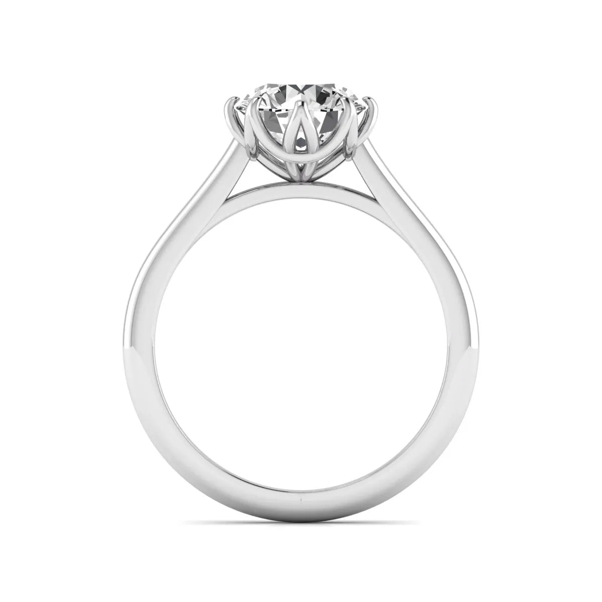 Round cut lab grown diamond solitaire engagement ring featuring a six-prong setting and polished white gold tone band.