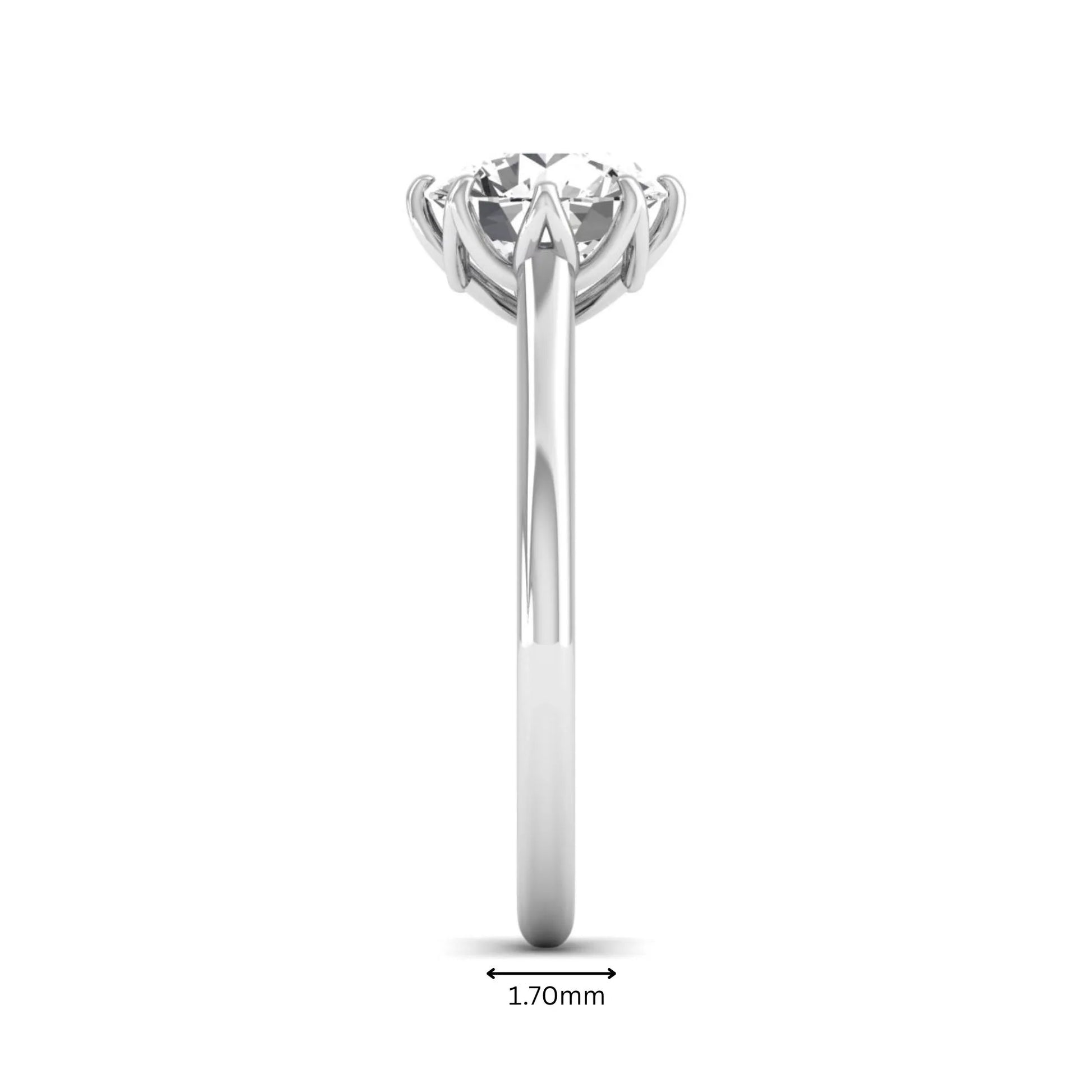 Round cut lab grown diamond solitaire engagement ring featuring a six-prong setting and polished white gold tone band.