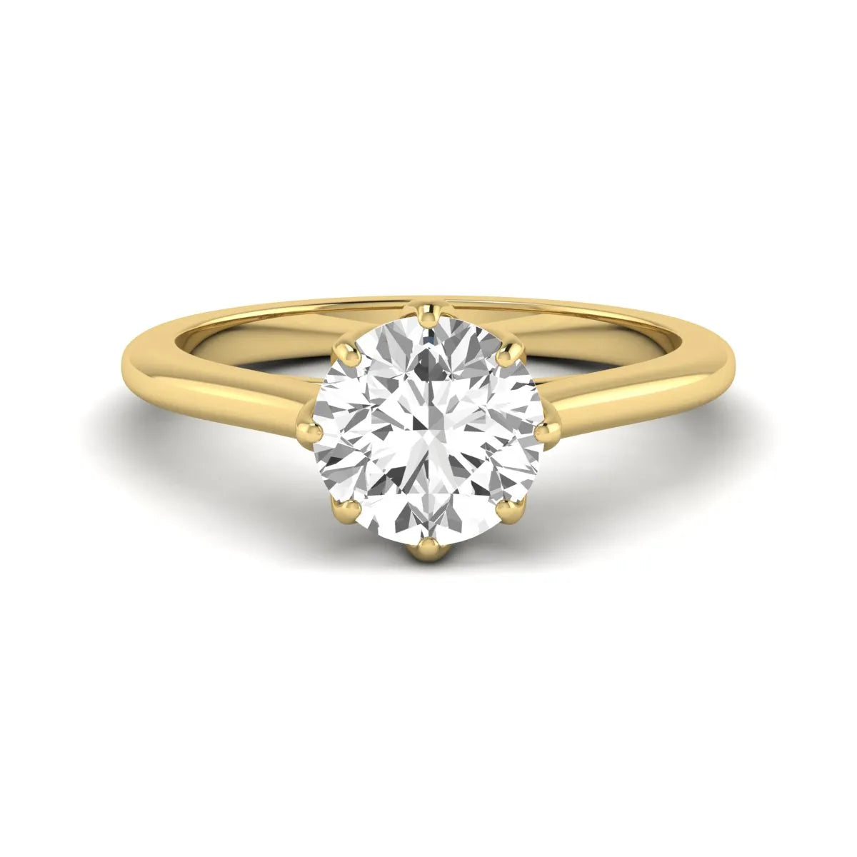 Round cut lab grown diamond solitaire engagement ring featuring a six-prong setting and polished yellow gold tone band.