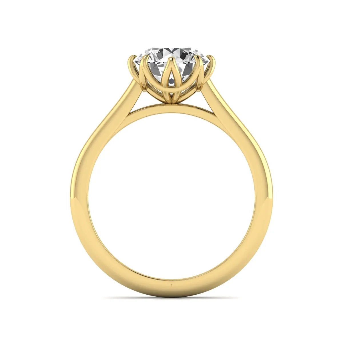 Round cut lab grown diamond solitaire engagement ring featuring a six-prong setting and polished yellow gold tone band.