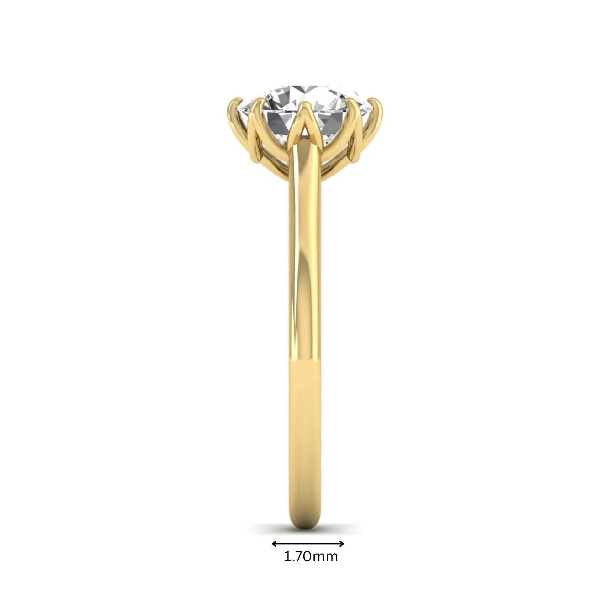 Round cut lab grown diamond solitaire engagement ring featuring a six-prong setting and polished yellow gold tone band.