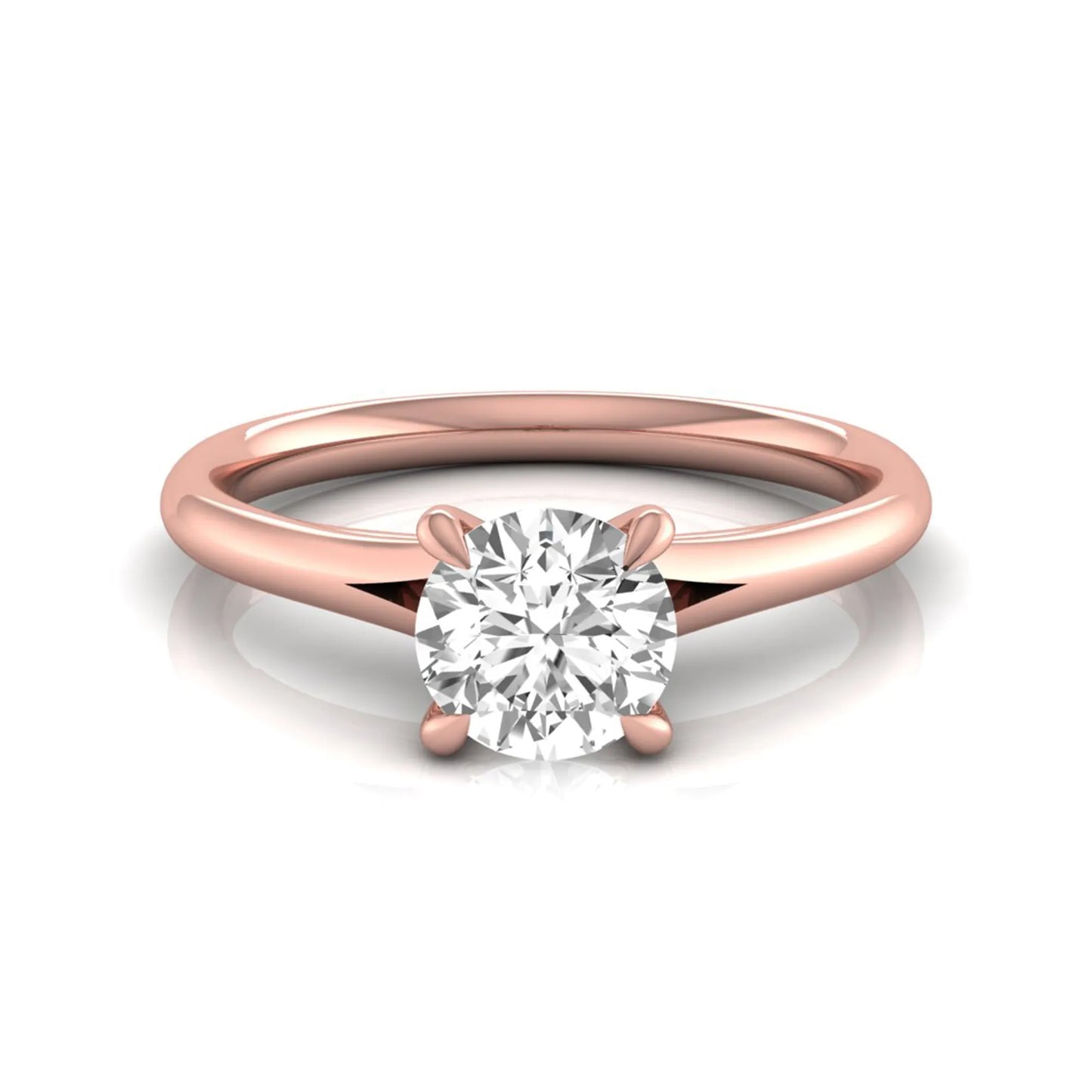 Round prong set lab grown diamond solitaire engagement ring featuring a 0.70 carat round center diamond in a classic four-prong setting in rose gold