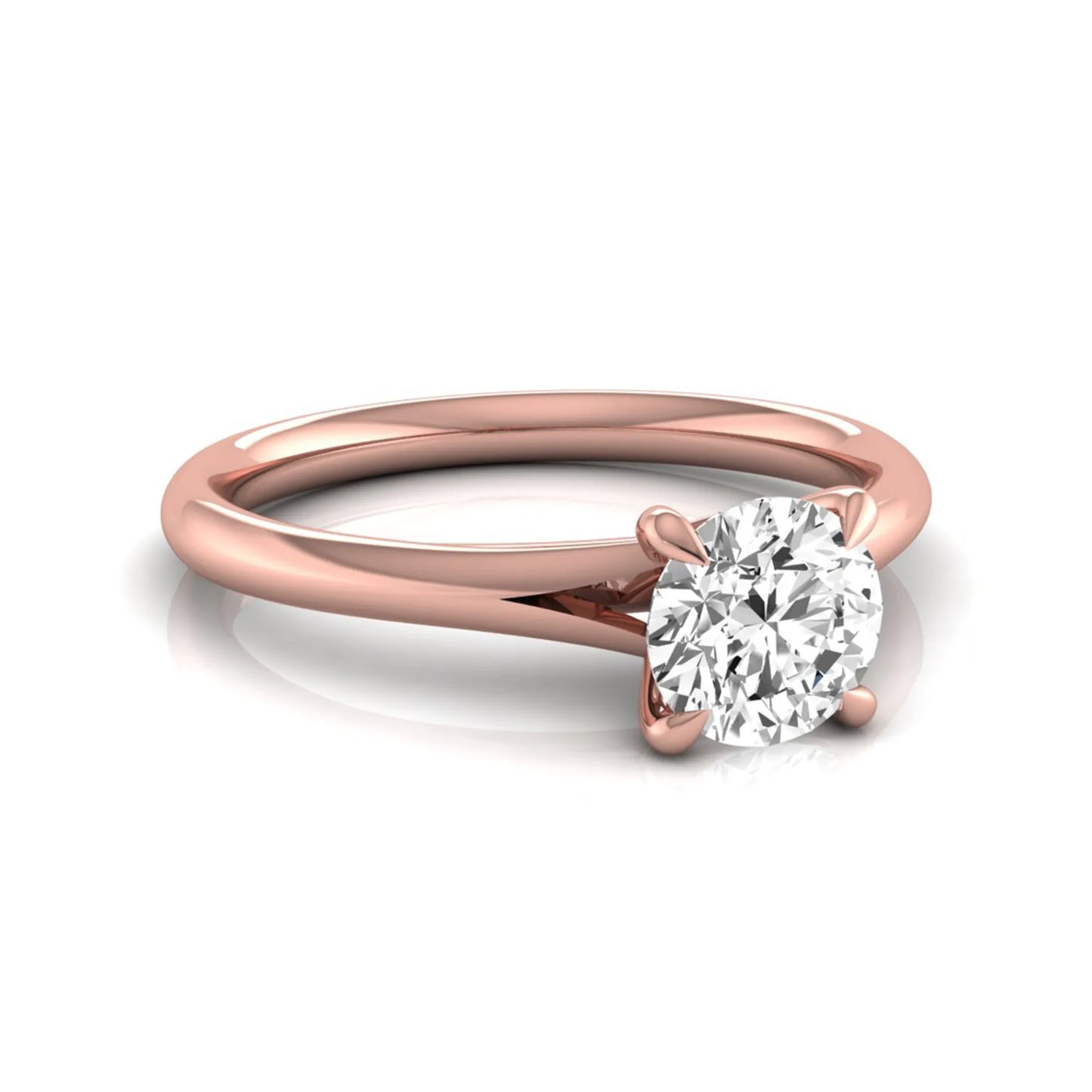 Round prong set lab grown diamond solitaire engagement ring featuring a 0.70 carat round center diamond in a classic four-prong setting in rose gold