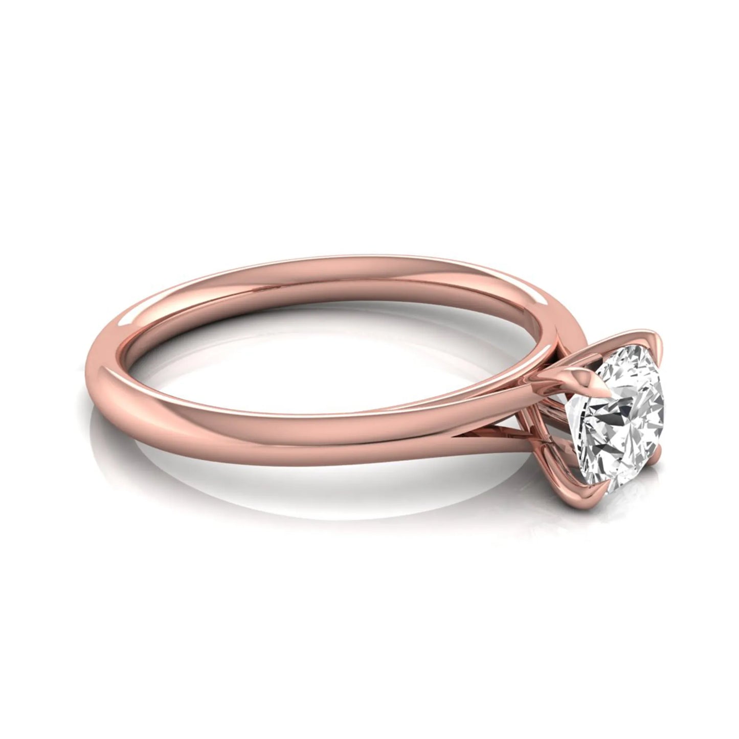 Round prong set lab grown diamond solitaire engagement ring featuring a 0.70 carat round center diamond in a classic four-prong setting in rose gold