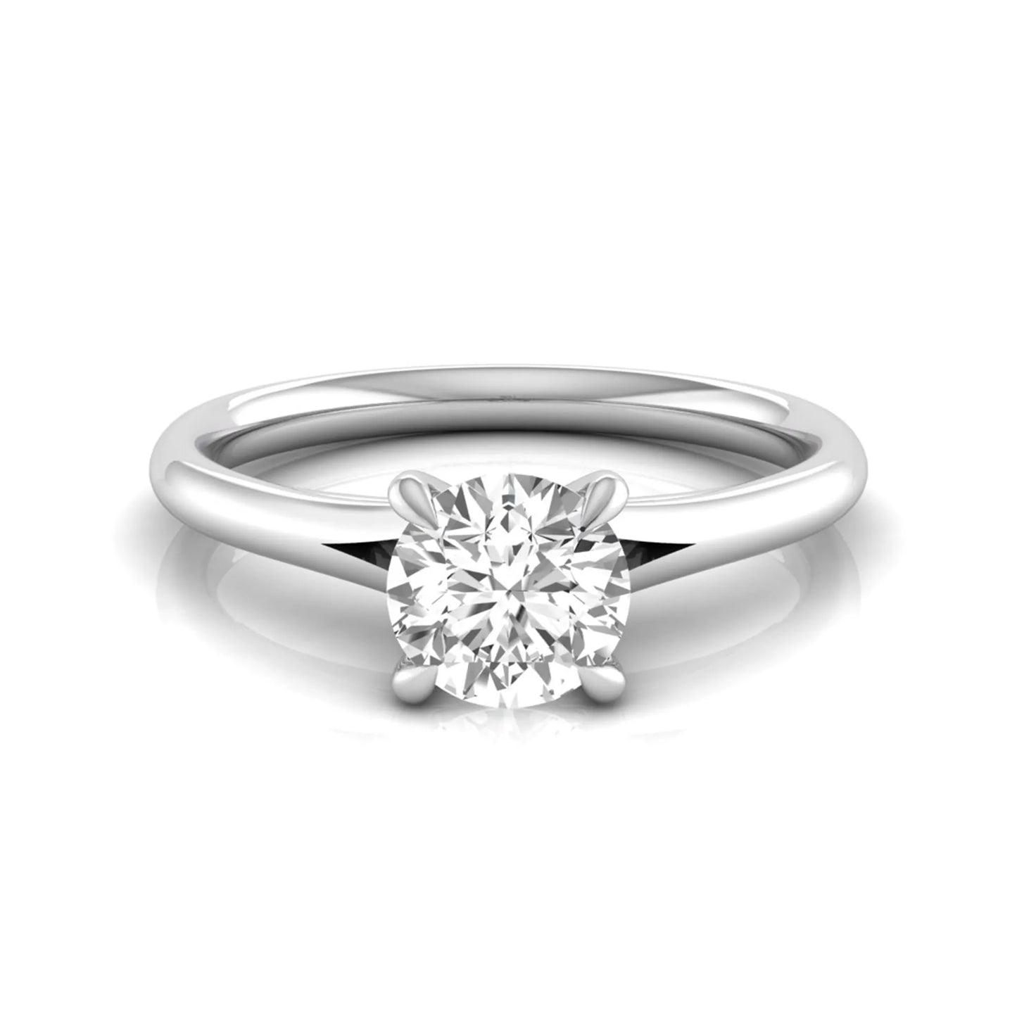 Round prong set lab grown diamond solitaire engagement ring featuring a 0.70 carat round center diamond in a classic four-prong setting in white gold