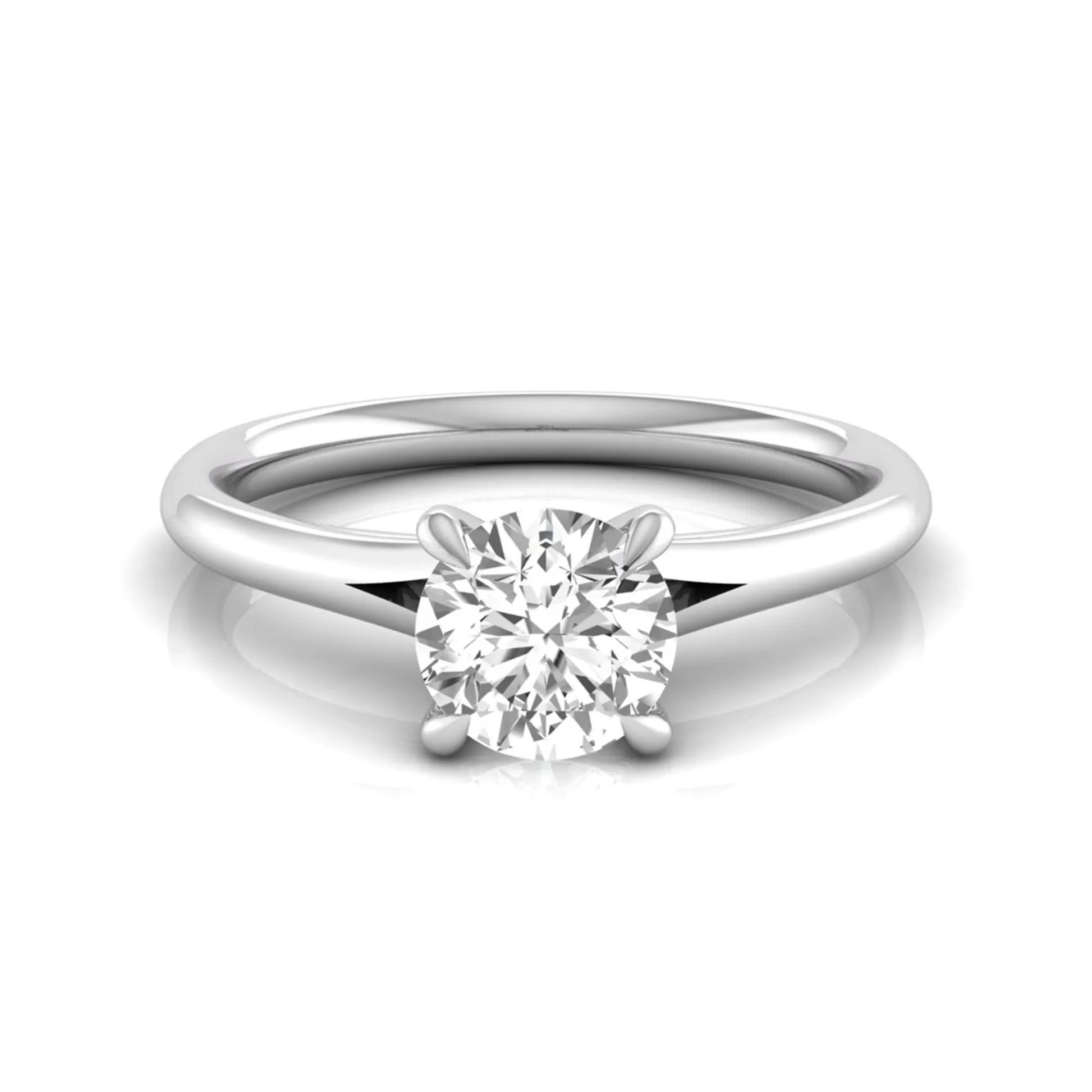 Round prong set lab grown diamond solitaire engagement ring featuring a 0.70 carat round center diamond in a classic four-prong setting in white gold