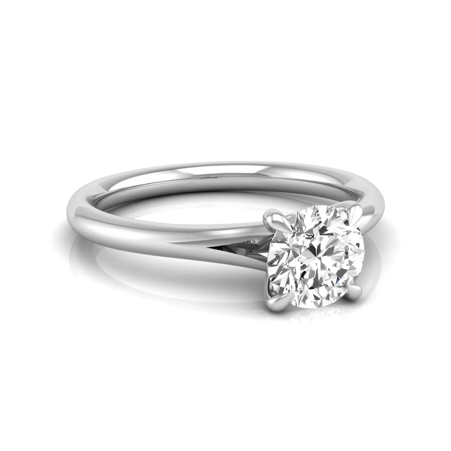 Round prong set lab grown diamond solitaire engagement ring featuring a 0.70 carat round center diamond in a classic four-prong setting in white gold