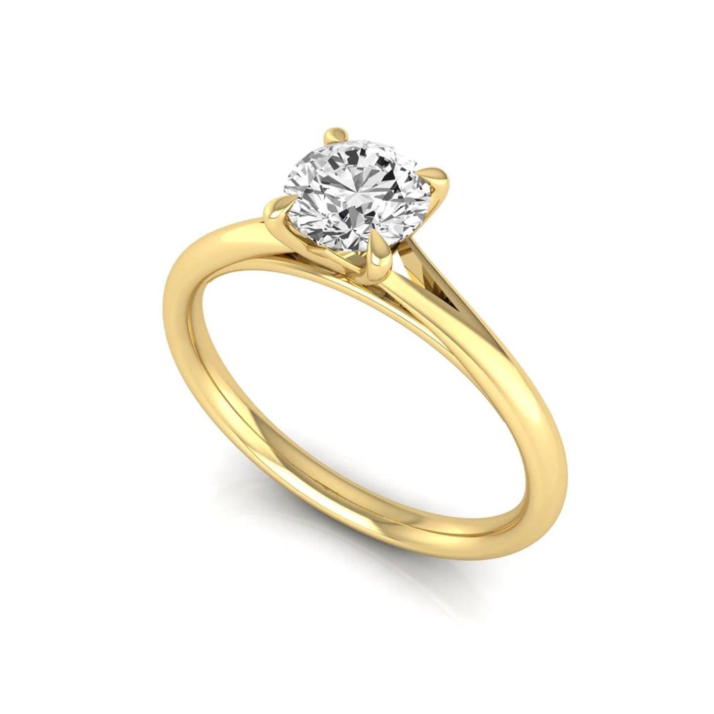 Round prong set lab grown diamond solitaire engagement ring featuring a 0.70 carat round center diamond in a classic four-prong setting in yellow gold