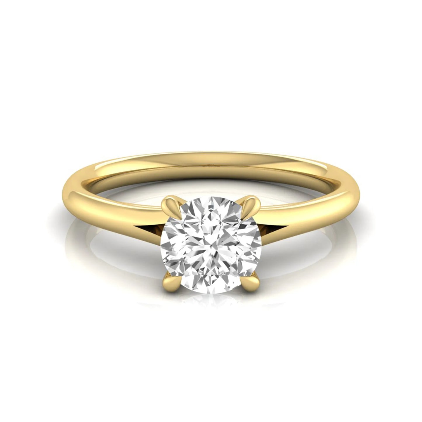 Round prong set lab grown diamond solitaire engagement ring featuring a 0.70 carat round center diamond in a classic four-prong setting in yellow gold