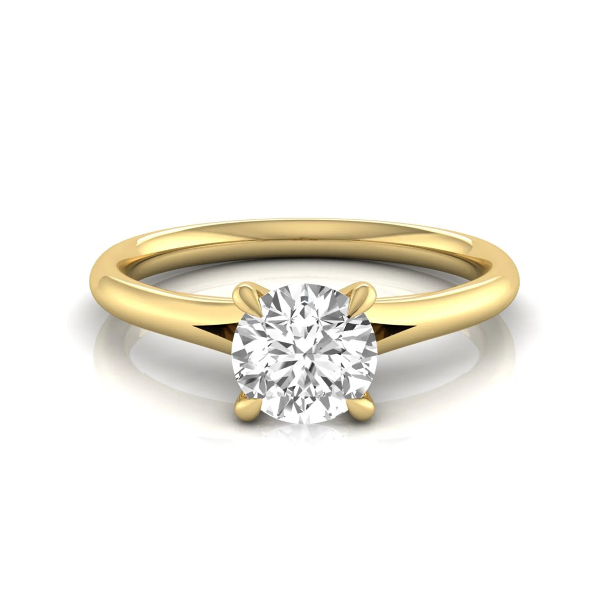Round prong set lab grown diamond solitaire engagement ring featuring a 0.70 carat round center diamond in a classic four-prong setting in yellow gold