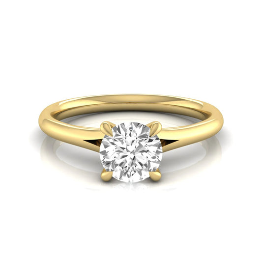 Round prong set lab grown diamond solitaire engagement ring featuring a 0.70 carat round center diamond in a classic four-prong setting in yellow gold
