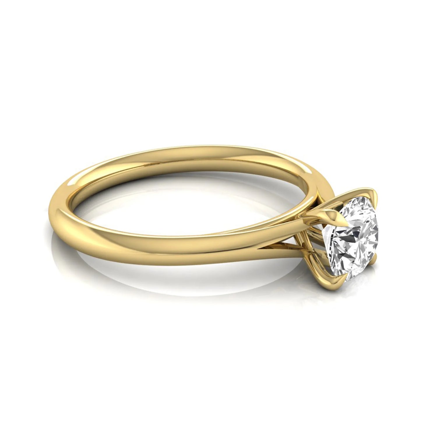 Round prong set lab grown diamond solitaire engagement ring featuring a 0.70 carat round center diamond in a classic four-prong setting in yellow gold