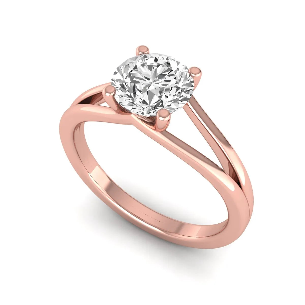 Round cut lab grown diamond solitaire split shank engagement ring with classic prong setting and rose gold tone shown for design reference.