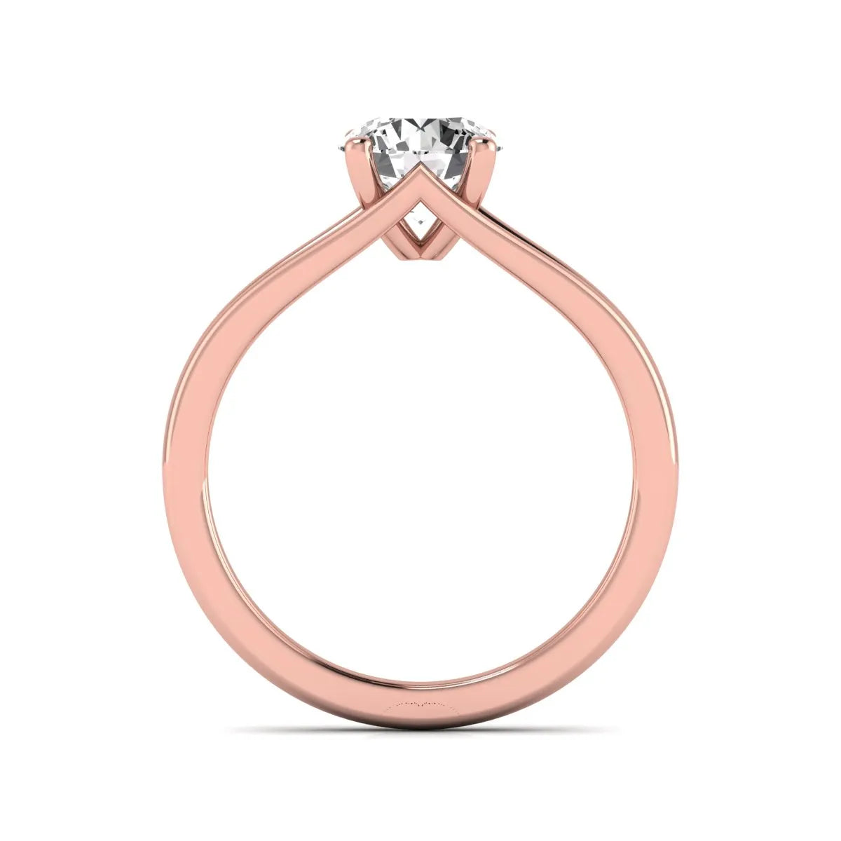 Round cut lab grown diamond solitaire split shank engagement ring with classic prong setting and rose gold tone shown for design reference.