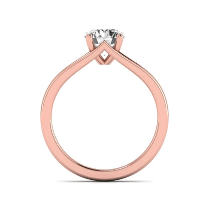Round cut lab grown diamond solitaire split shank engagement ring with classic prong setting and rose gold tone shown for design reference.
