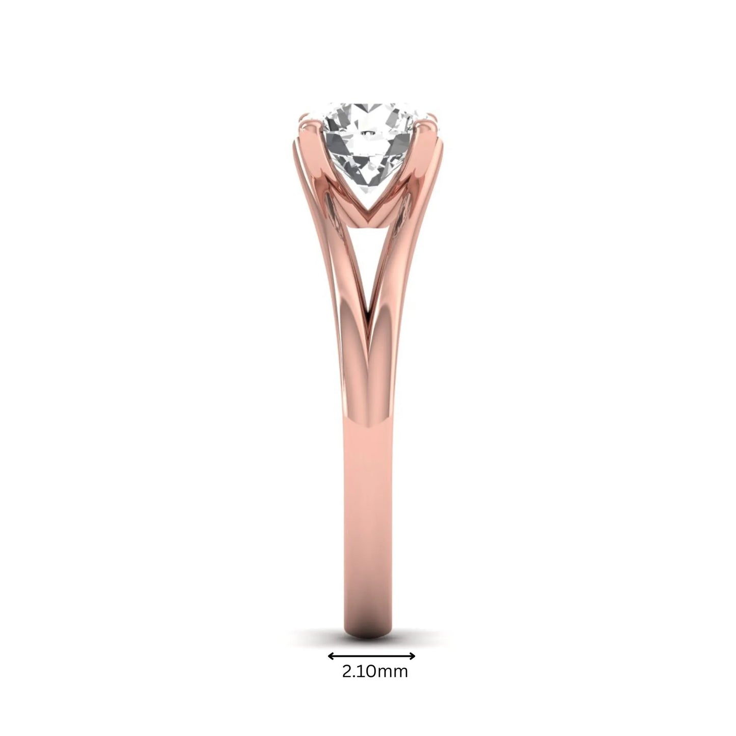 Round cut lab grown diamond solitaire split shank engagement ring with classic prong setting and rose gold tone shown for design reference.
