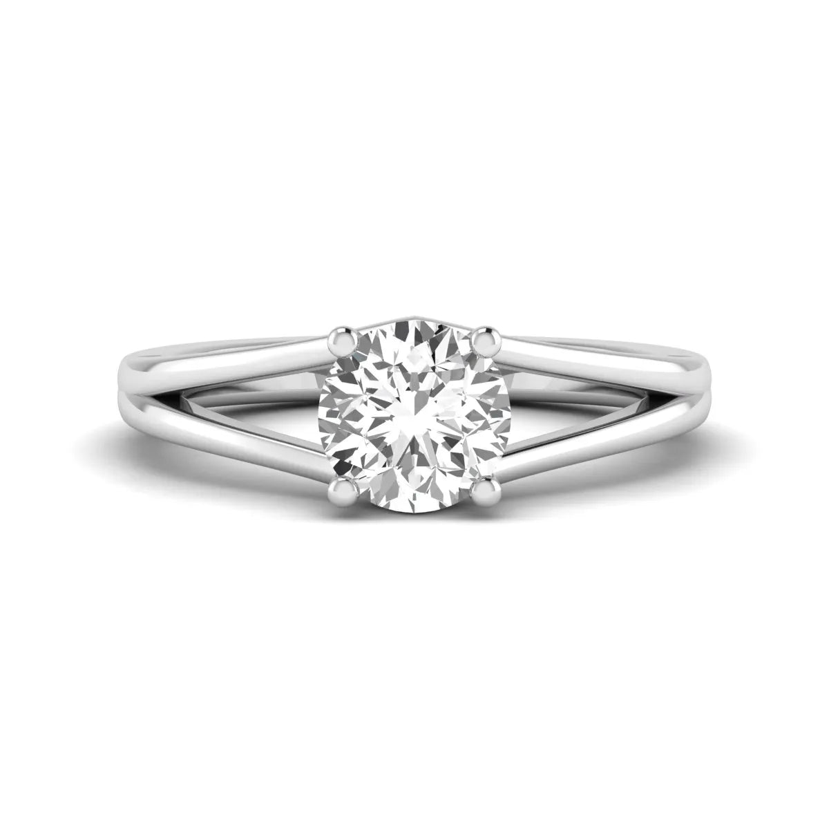 Round cut lab grown diamond solitaire split shank engagement ring with classic prong setting and white gold tone shown for design reference.