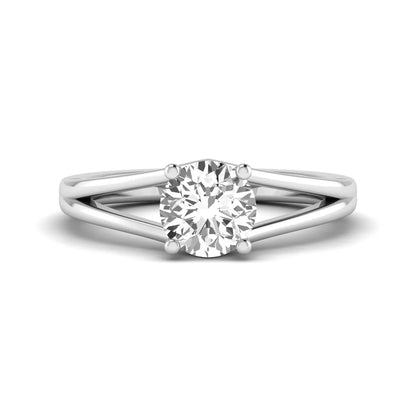 Round cut lab grown diamond solitaire split shank engagement ring with classic prong setting and white gold tone shown for design reference.