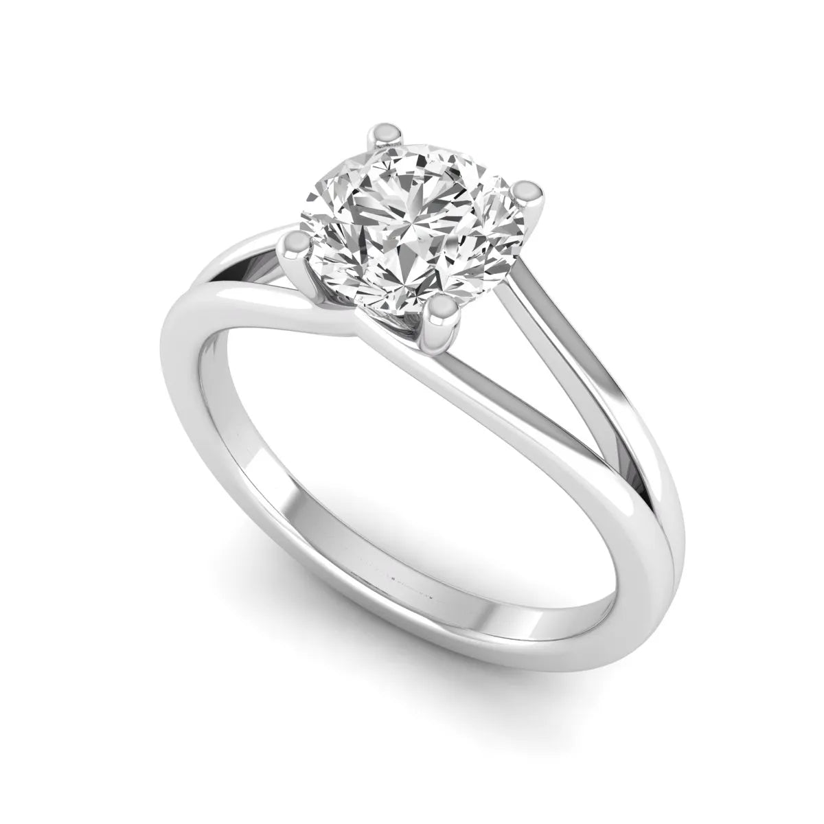 Round cut lab grown diamond solitaire split shank engagement ring with classic prong setting and white gold tone shown for design reference.