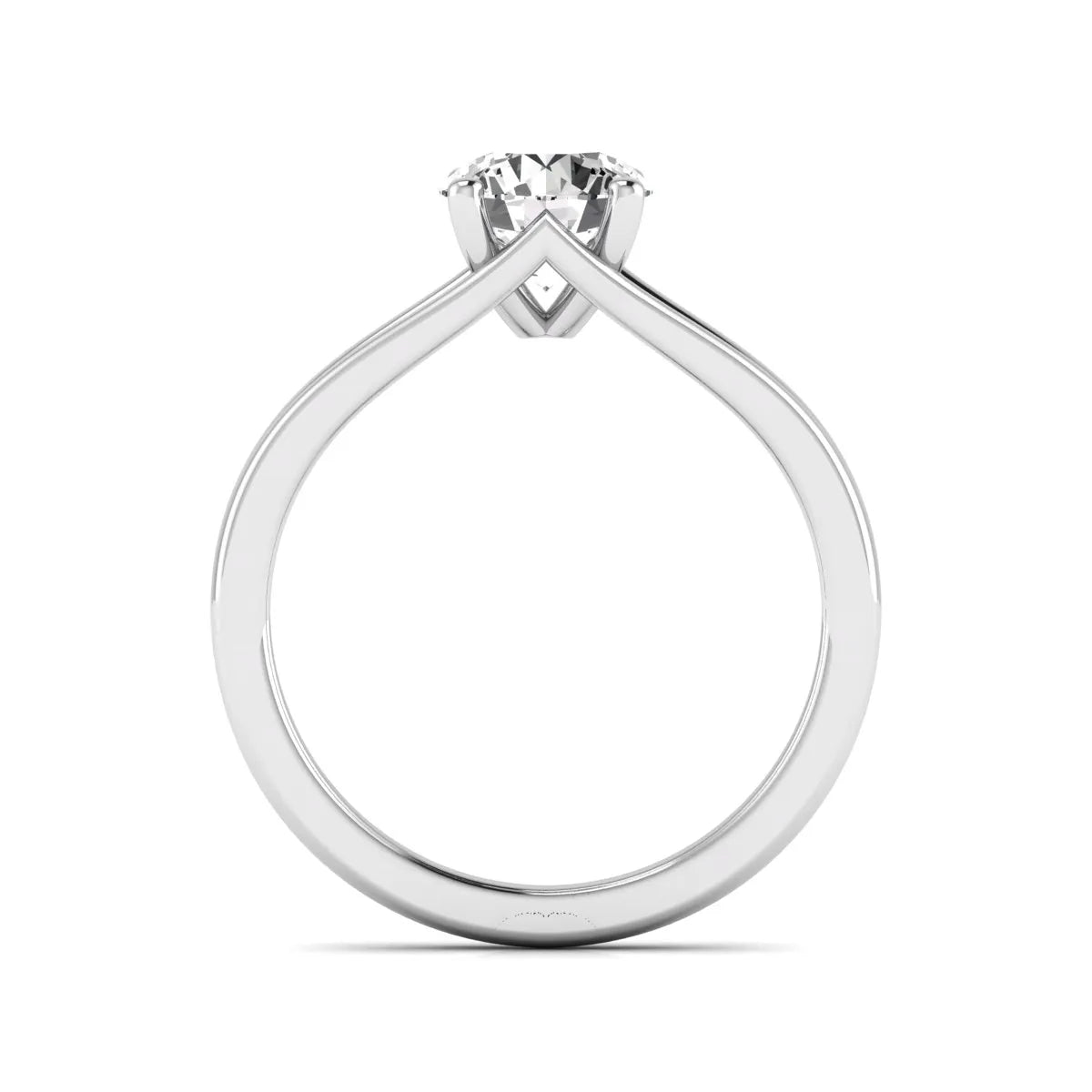 Round cut lab grown diamond solitaire split shank engagement ring with classic prong setting and white gold tone shown for design reference.