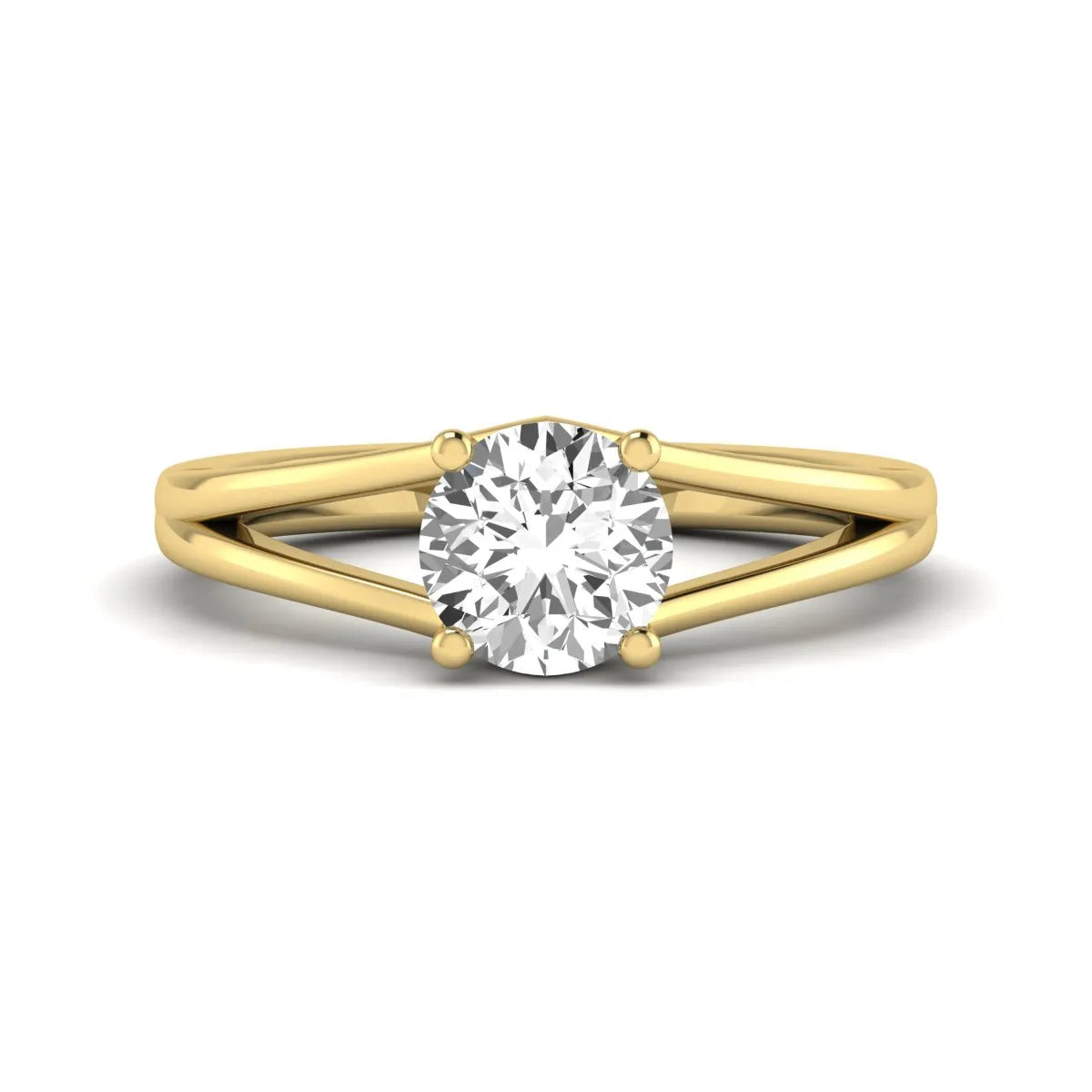 Round cut lab grown diamond solitaire split shank engagement ring with classic prong setting and yellow gold tone shown for design reference.