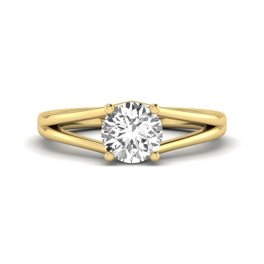 Round cut lab grown diamond solitaire split shank engagement ring with classic prong setting and yellow gold tone shown for design reference.