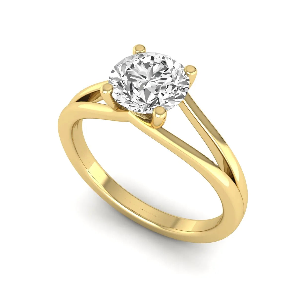 Round cut lab grown diamond solitaire split shank engagement ring with classic prong setting and yellow gold tone shown for design reference.