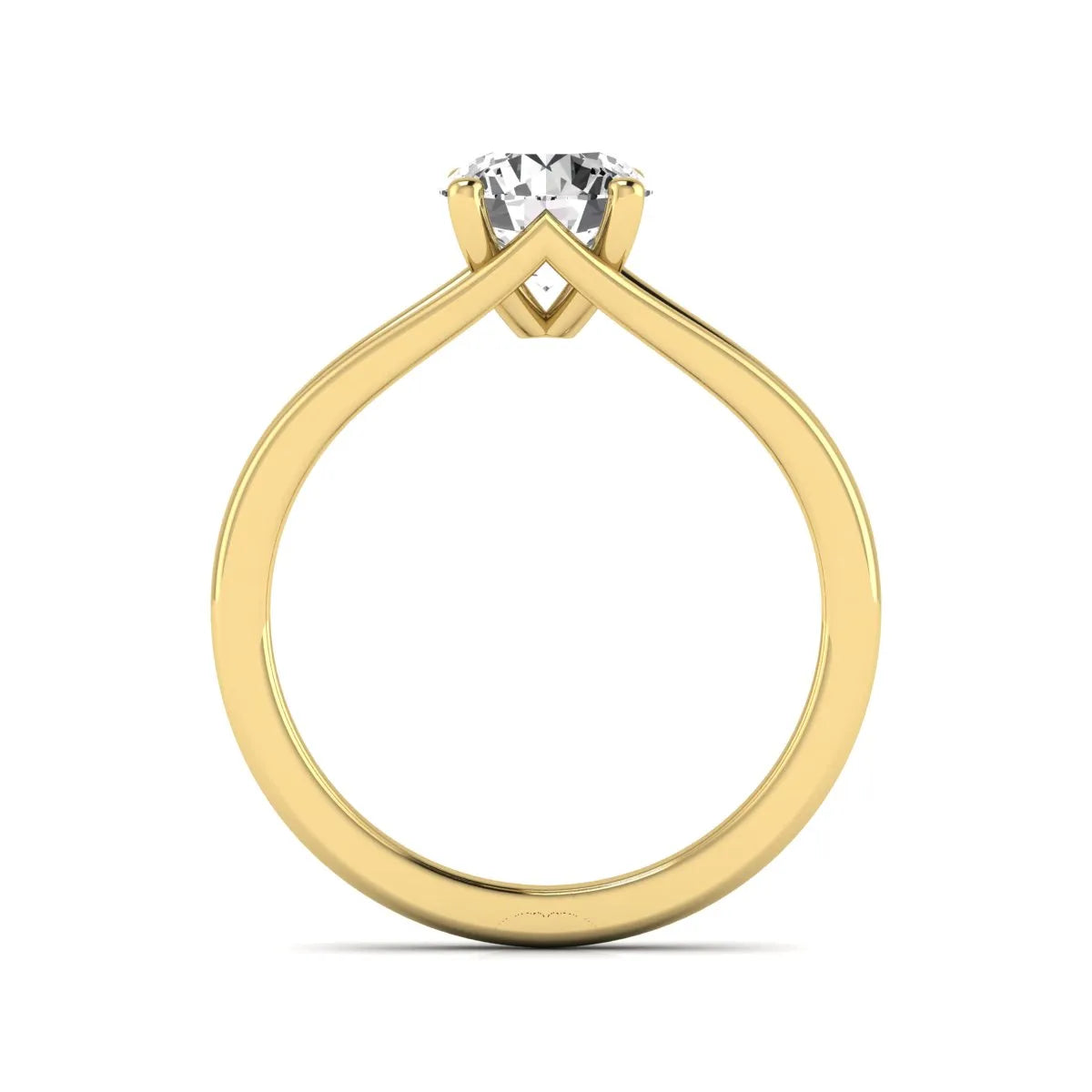 Round cut lab grown diamond solitaire split shank engagement ring with classic prong setting and yellow gold tone shown for design reference.