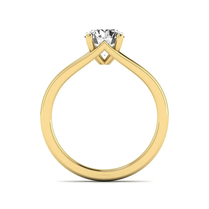 Round cut lab grown diamond solitaire split shank engagement ring with classic prong setting and yellow gold tone shown for design reference.