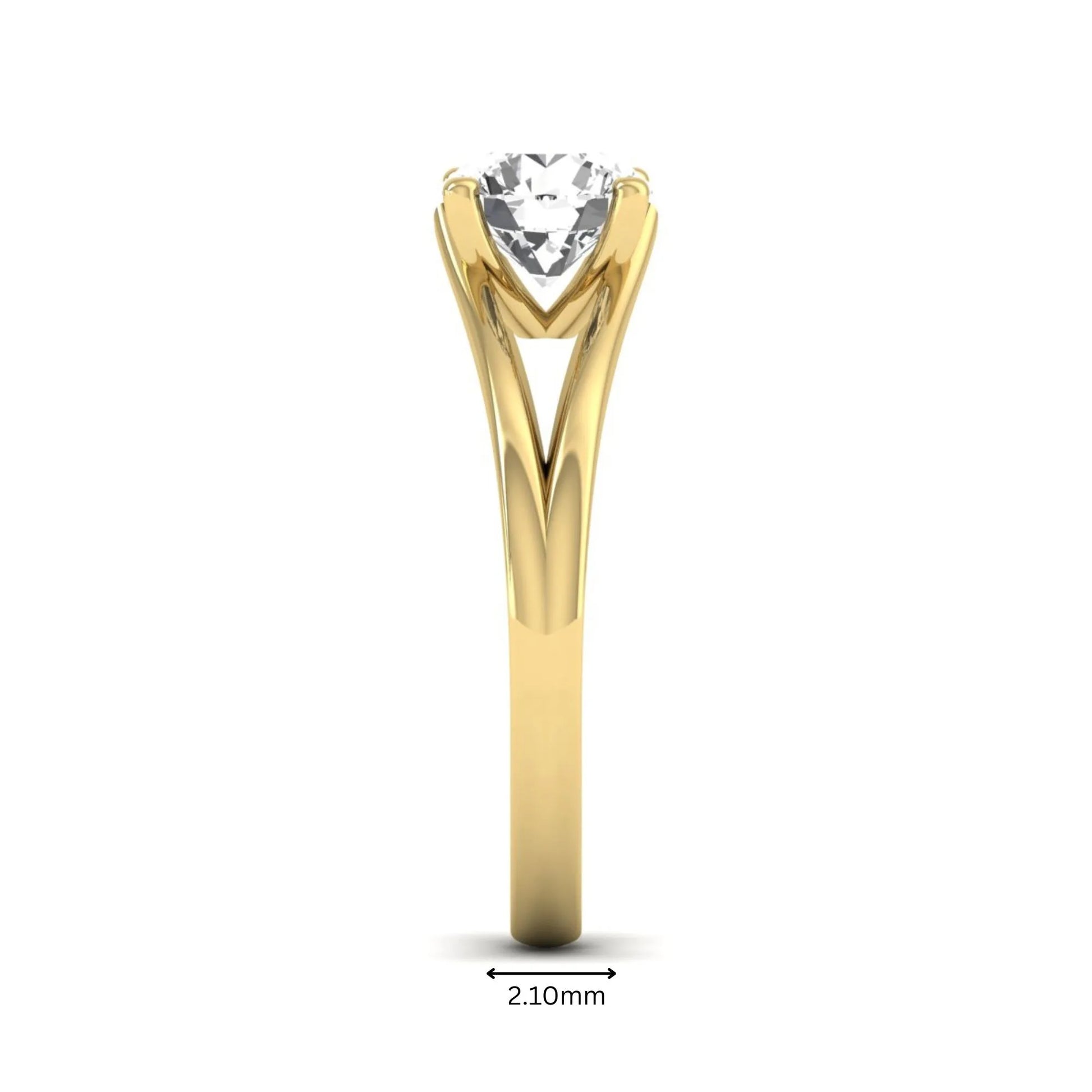 Round cut lab grown diamond solitaire split shank engagement ring with classic prong setting and yellow gold tone shown for design reference.