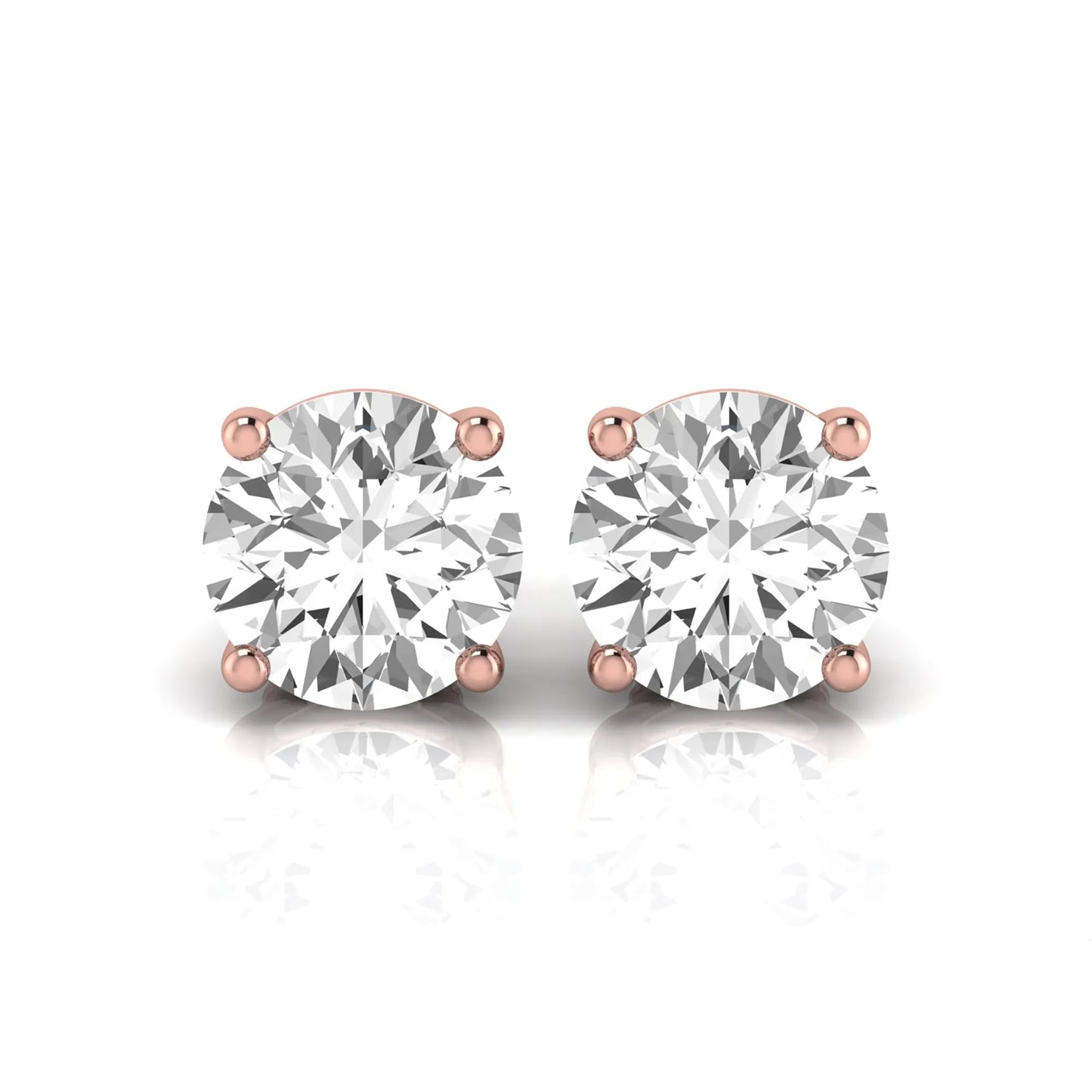Round cut lab grown diamond stud earrings featuring a classic four-prong setting with secure screw back closure in a rose gold tone.