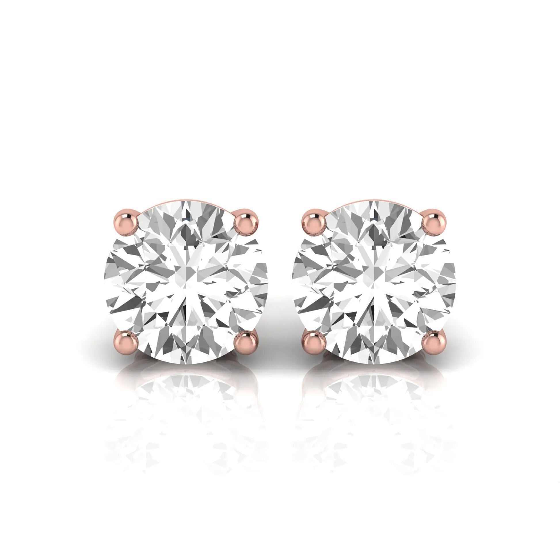 Round cut lab grown diamond stud earrings featuring a classic four-prong setting with secure screw back closure in a rose gold tone.