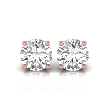 Round cut lab grown diamond stud earrings featuring a classic four-prong setting with secure screw back closure in a rose gold tone.