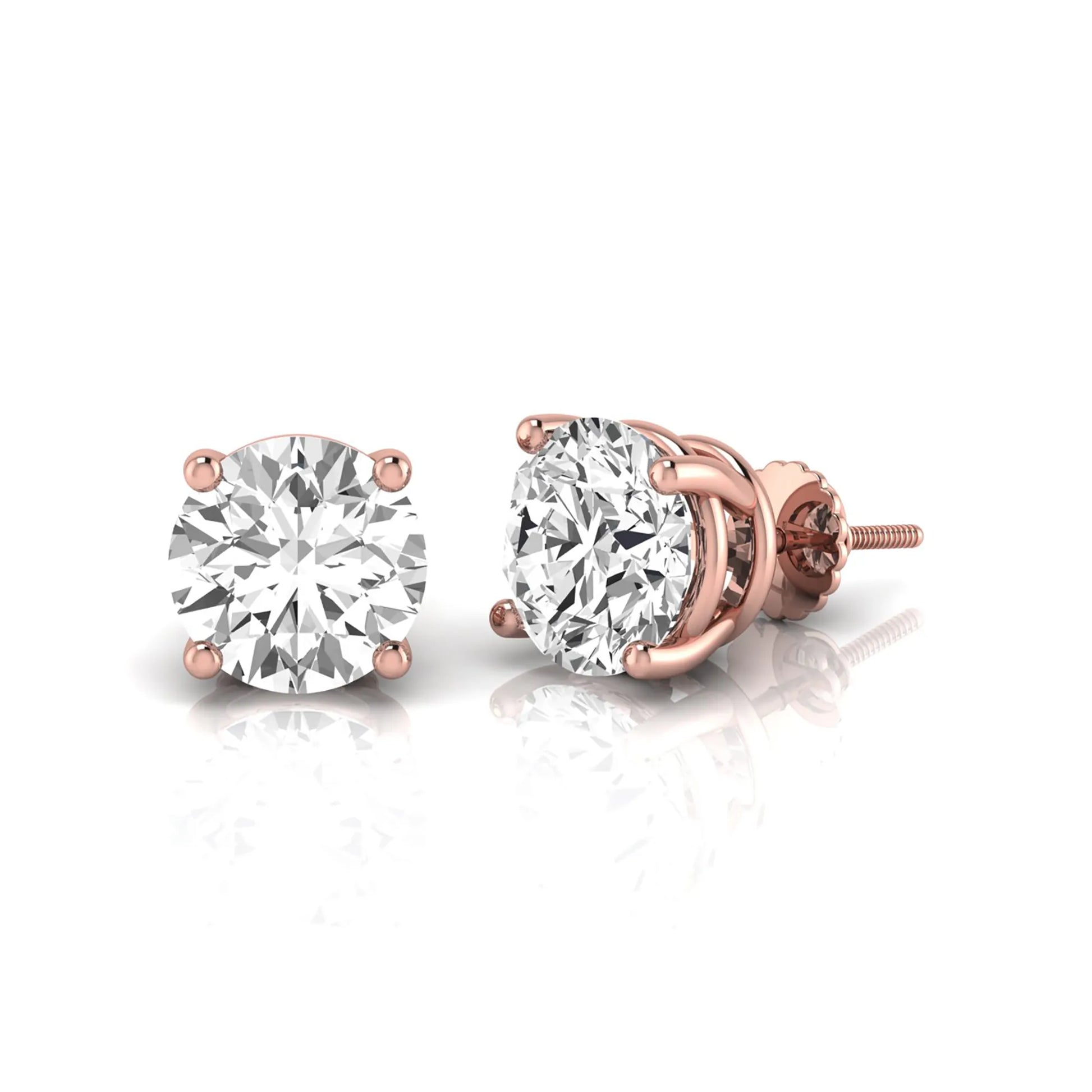 Round cut lab grown diamond stud earrings featuring a classic four-prong setting with secure screw back closure in a rose gold tone.