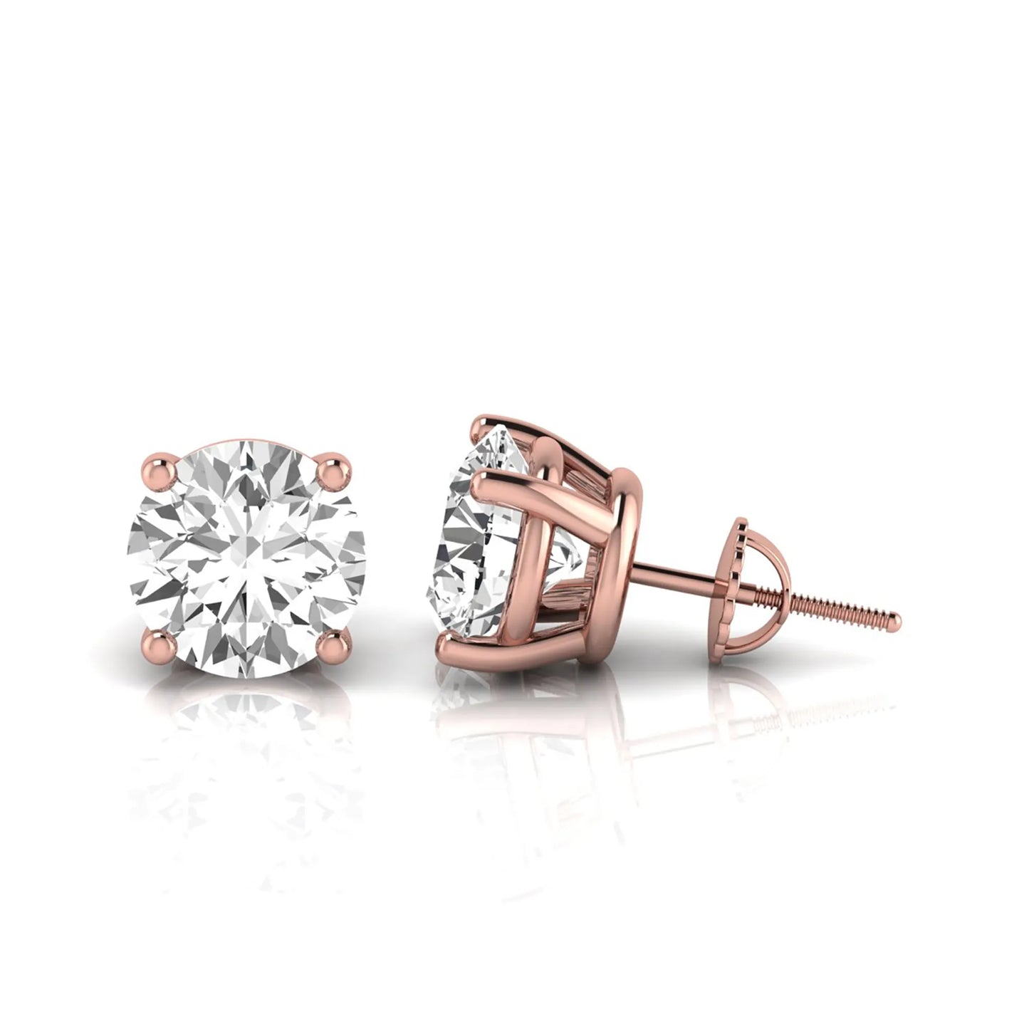 Round cut lab grown diamond stud earrings featuring a classic four-prong setting with secure screw back closure in a rose gold tone.