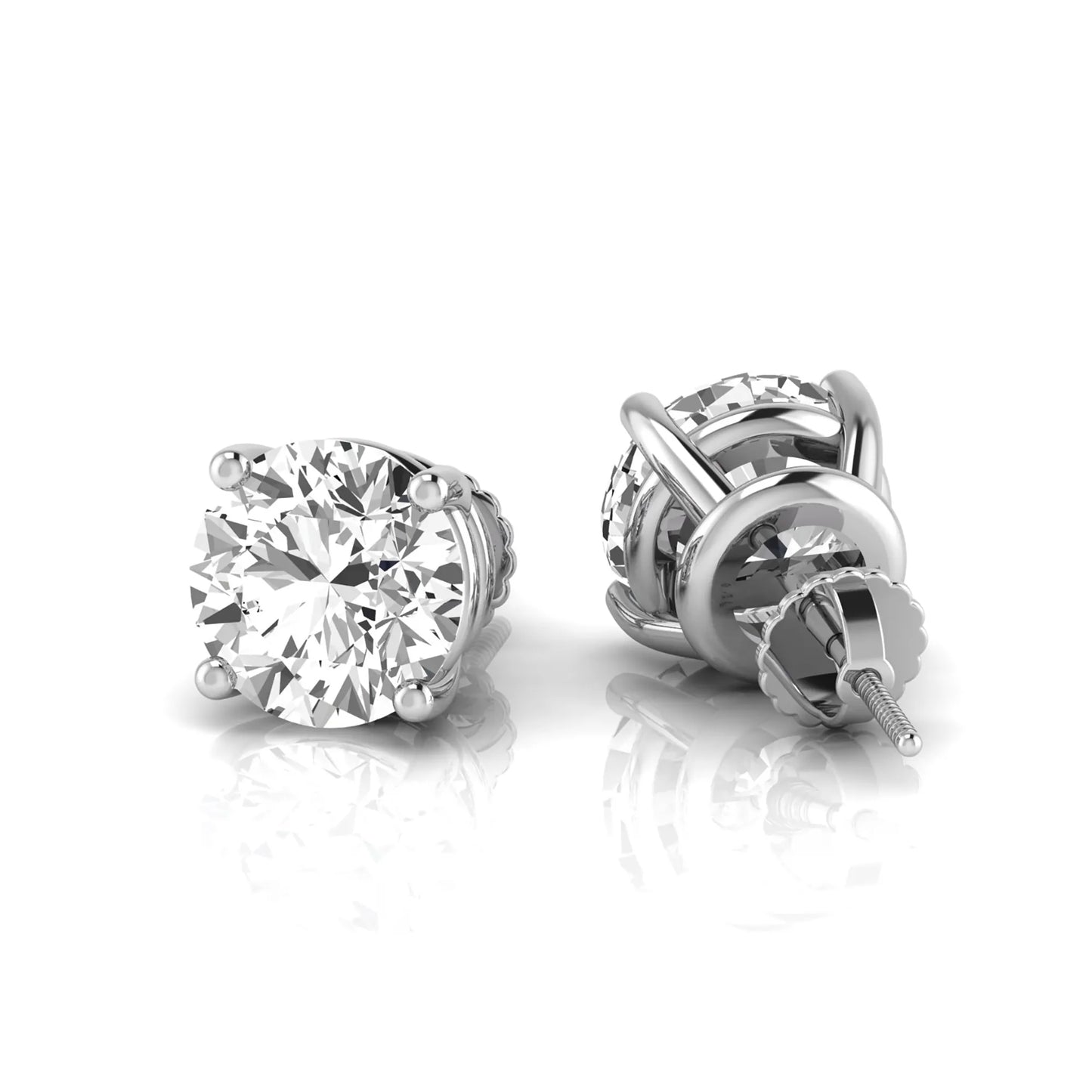 Round cut lab grown diamond stud earrings featuring a classic four-prong setting with secure screw back closure in a white gold tone.