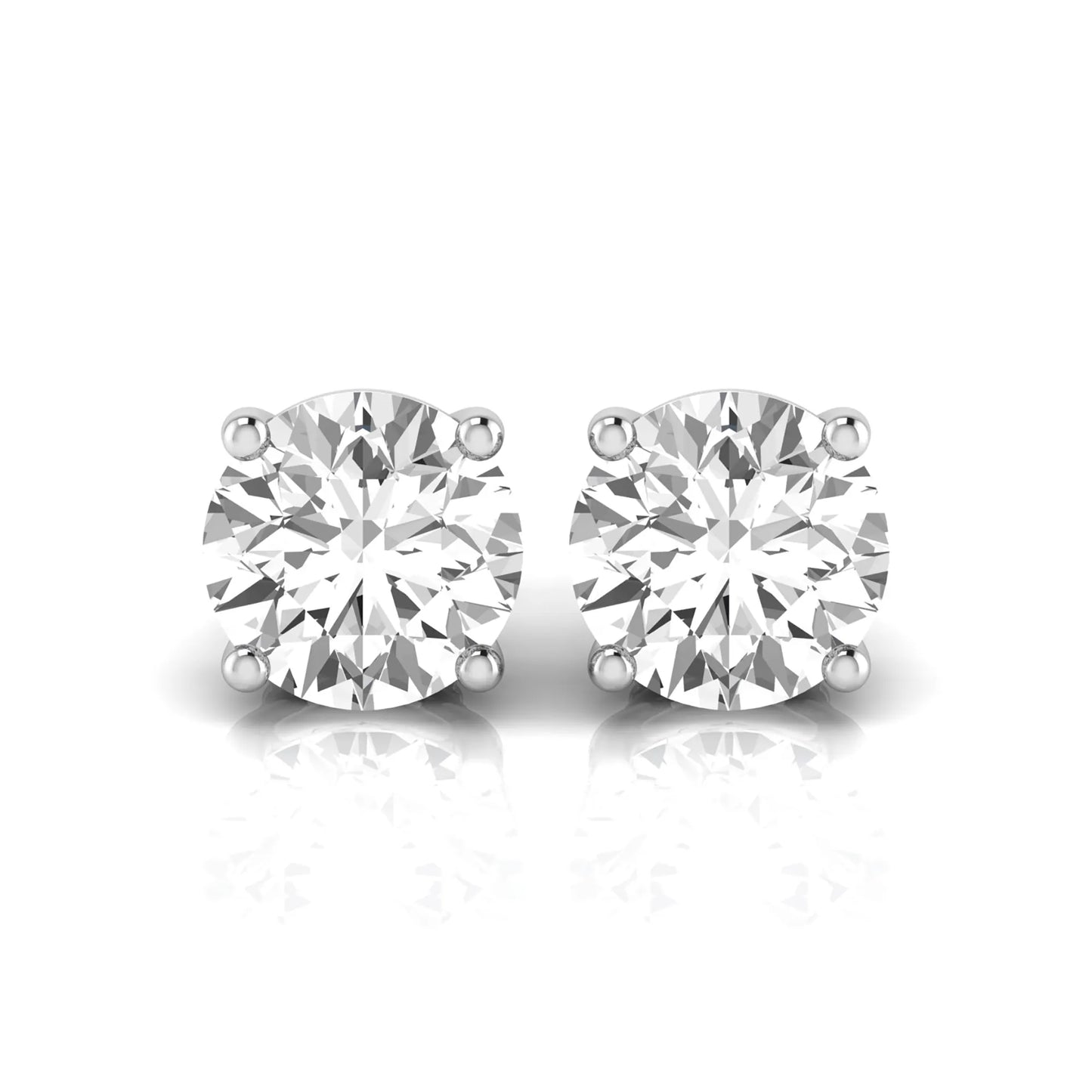 Round cut lab grown diamond stud earrings featuring a classic four-prong setting with secure screw back closure in a white gold tone.