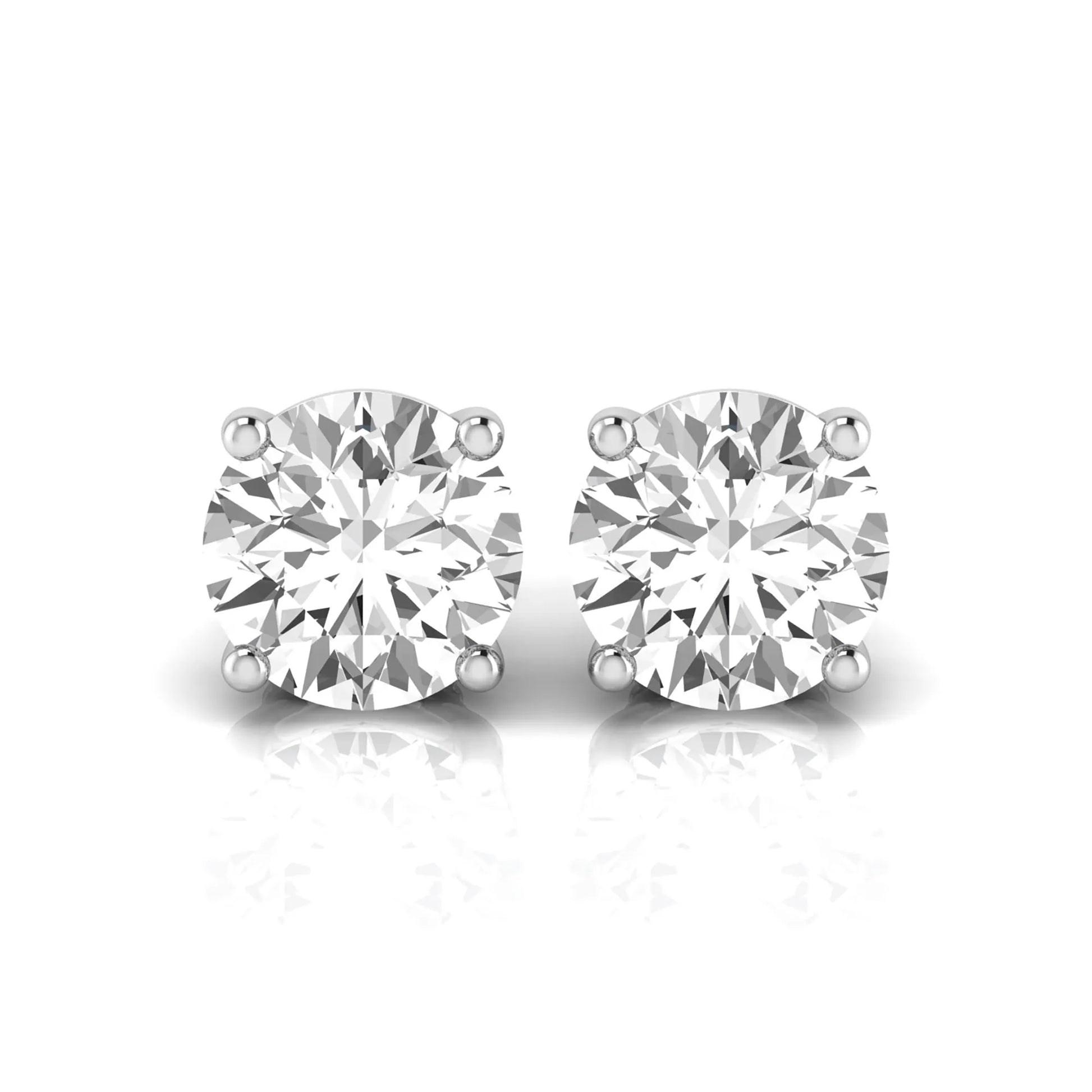 Round cut lab grown diamond stud earrings featuring a classic four-prong setting with secure screw back closure in a white gold tone.