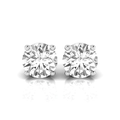 Round cut lab grown diamond stud earrings featuring a classic four-prong setting with secure screw back closure in a white gold tone.