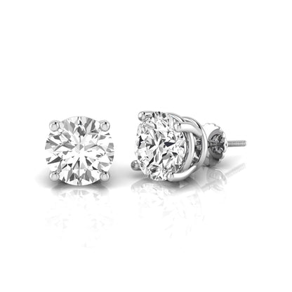 Round cut lab grown diamond stud earrings featuring a classic four-prong setting with secure screw back closure in a white gold tone.