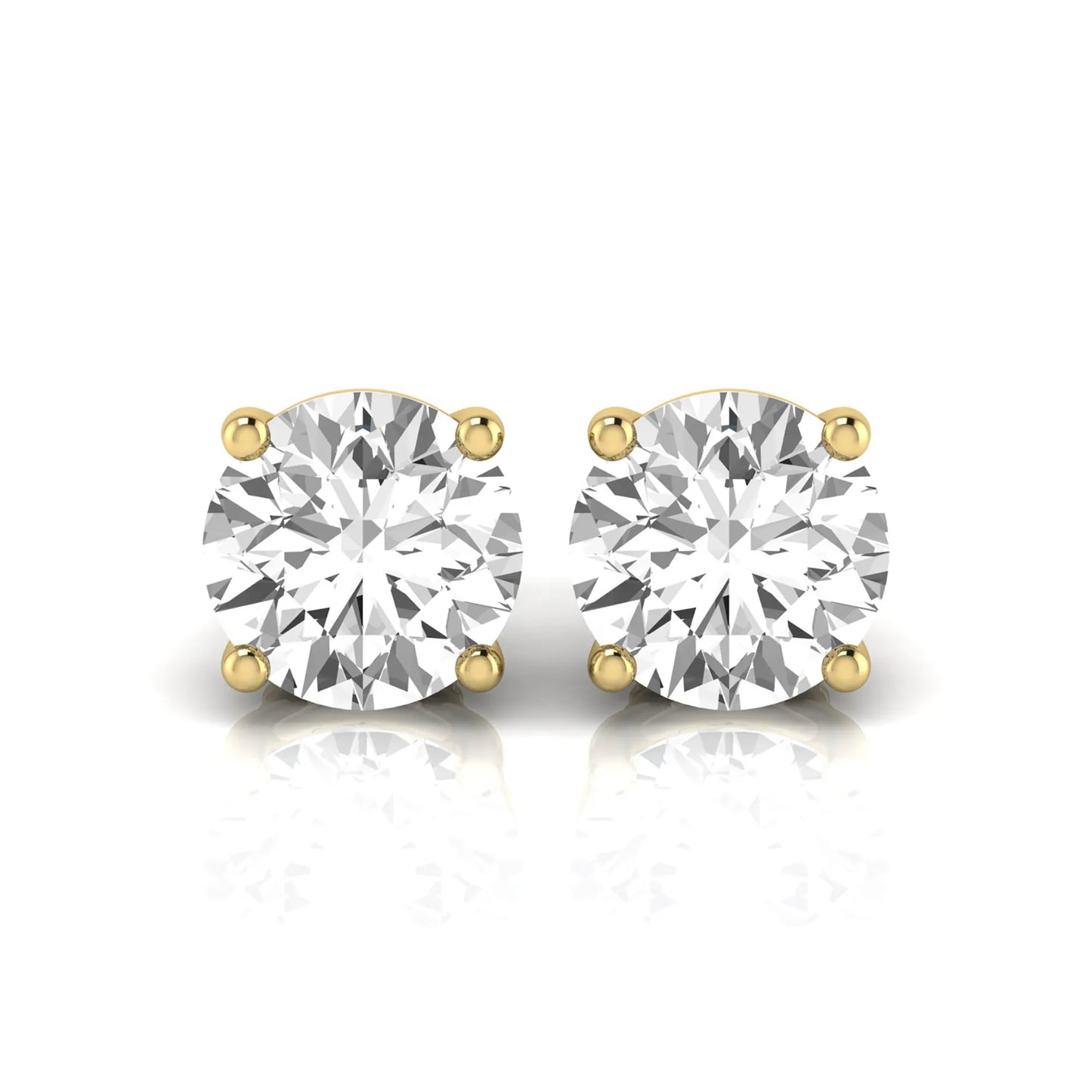 Round cut lab grown diamond stud earrings featuring a classic four-prong setting with secure screw back closure in a yellow gold tone.