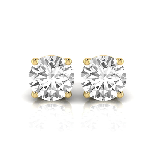 Round cut lab grown diamond stud earrings featuring a classic four-prong setting with secure screw back closure in a yellow gold tone.